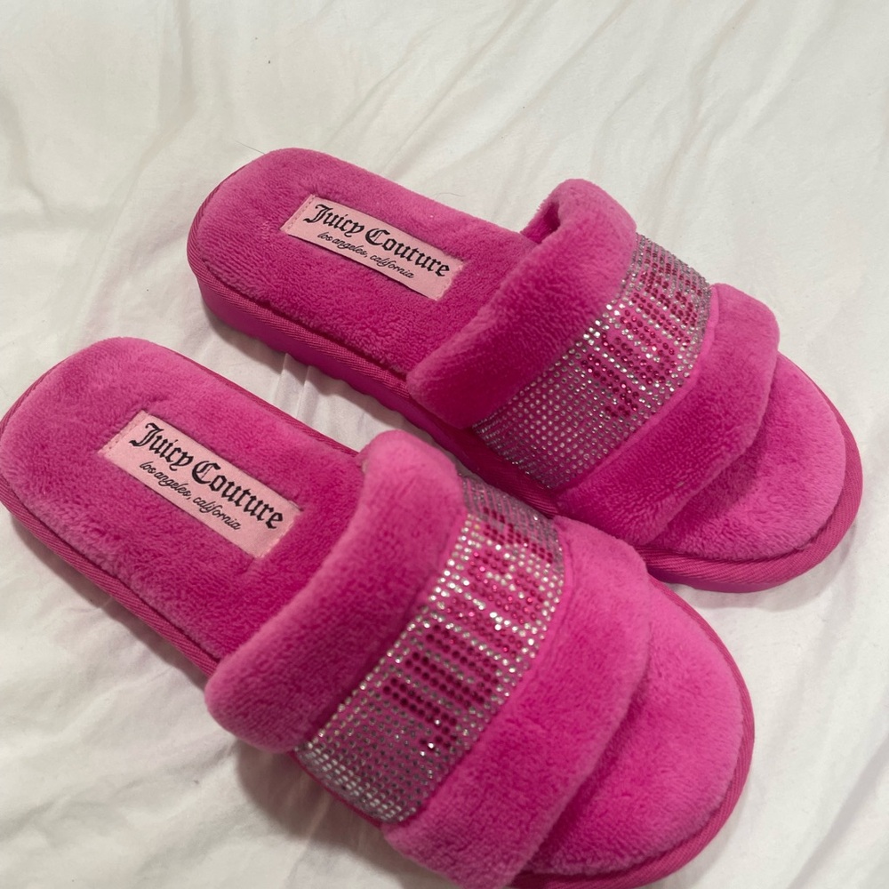 Juicy Couture Pink Plush Slippers with Silver Accents